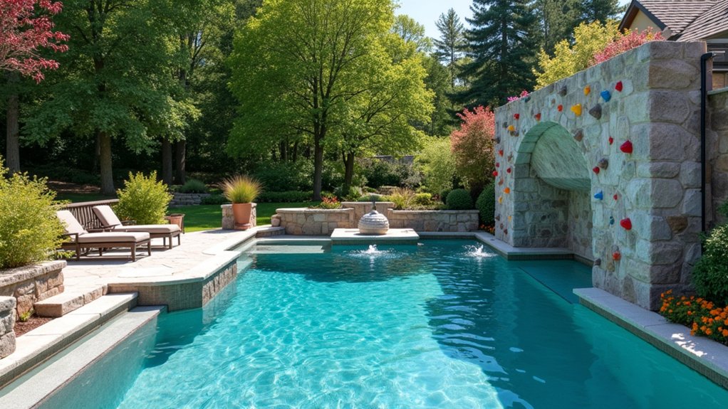 23 Pool Design Ideas With Kids Area Concepts for Family Fun adventurous built in climbing walls