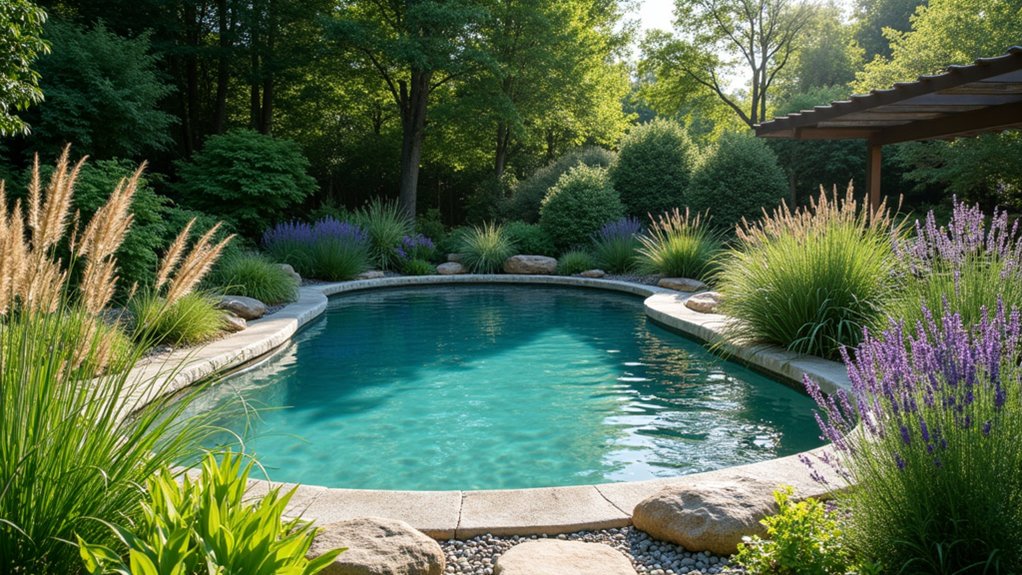 15 Organic Natural Pool Landscaping Ideas That Blend With Nature aromatic herbs enhance tranquility