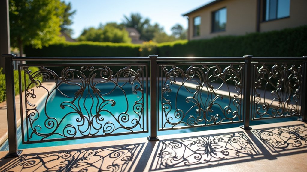 21 Safe and Stylish Pool Deck Railing Ideas to Frame Your View artistic metal pool decor