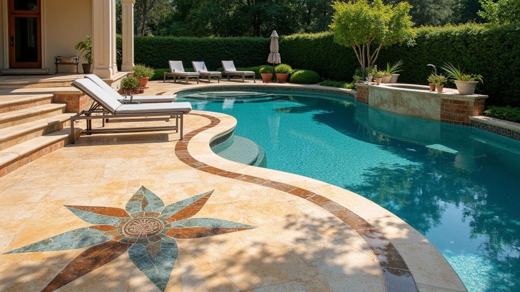 23 Timeless Pool Deck Travertine Ideas for a Luxe Finish artistic pool deck inlays