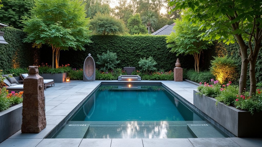 20 Clever Small Backyard Pool Landscaping Ideas That Maximize Space artistic sculptures enhance aesthetics