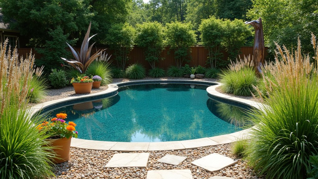 18 Budget-Savvy Stock Tank Pool Landscape Ideas That Pack a Punch artistic sculptures enhance backyard