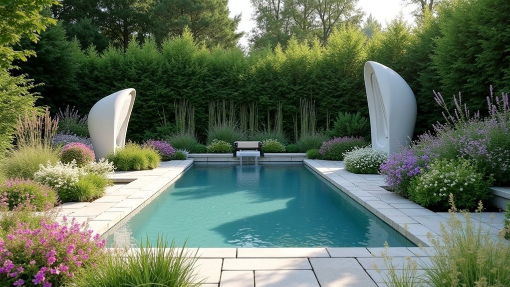 20 Elegant Pool Landscaping Design Ideas That Feel Effortless artistic sculptures enhance elegance