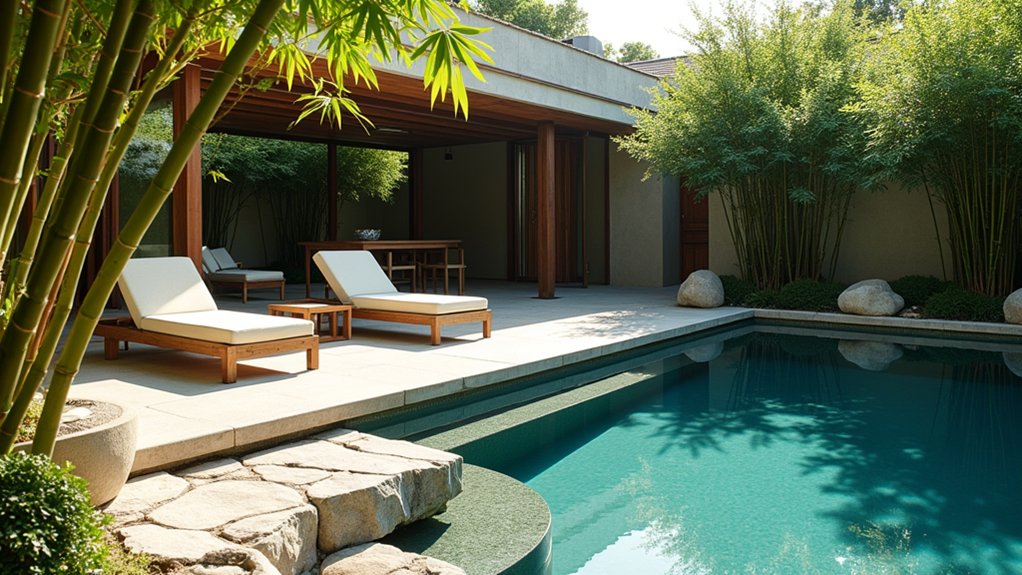 15 Pool Ideas With Tanning Ledge Spaces to Soak up the Sun bamboo tranquility by pool