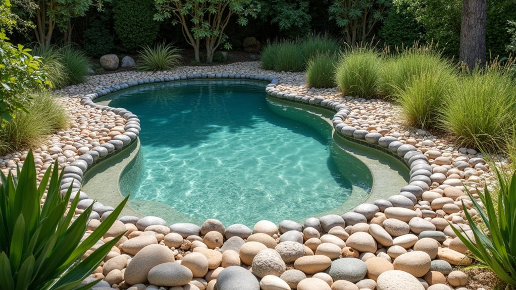 23 Natural Pool Landscaping With Rocks for Earthy, Organic Style beachside serenity with pebbles