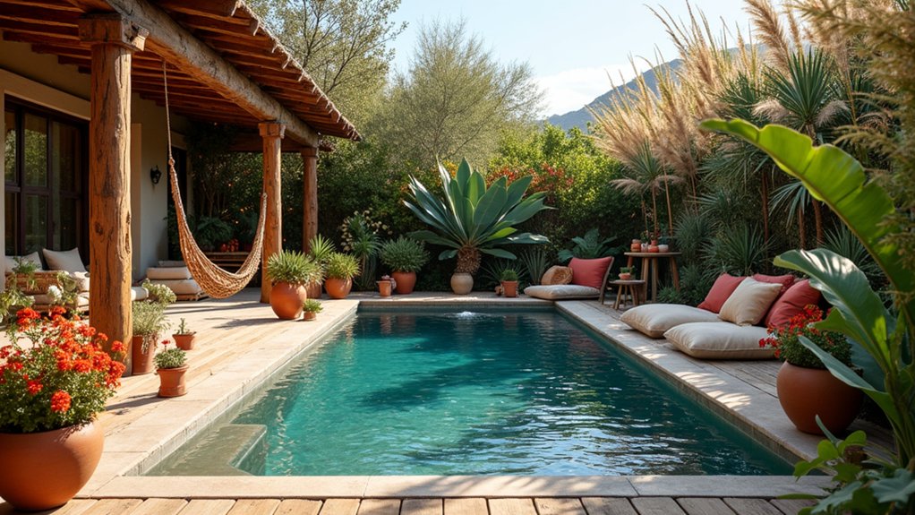 18 Stylish Above Ground Pool Landscaping Designs That Impress Instantly bohemian poolside relaxation style