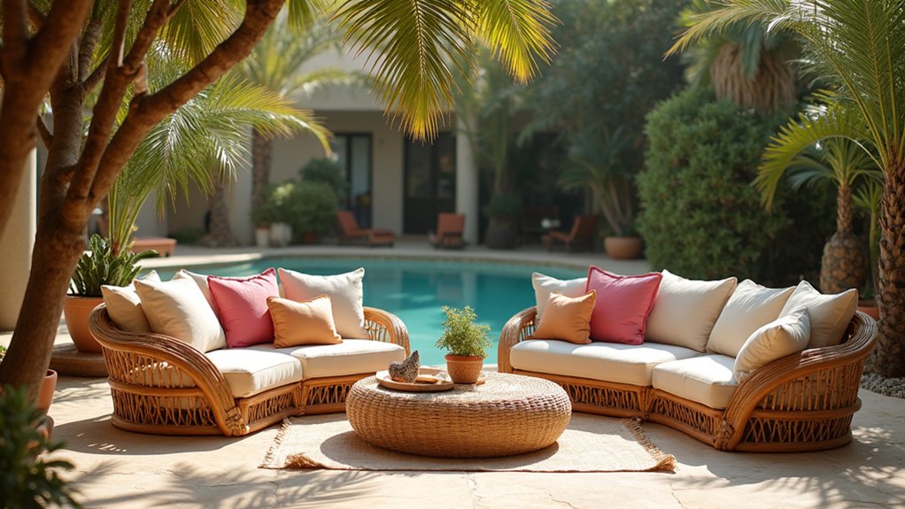 17 Fresh Pool Deck Furniture Ideas to Complete Your Outdoor Setup bohemian rattan furniture style