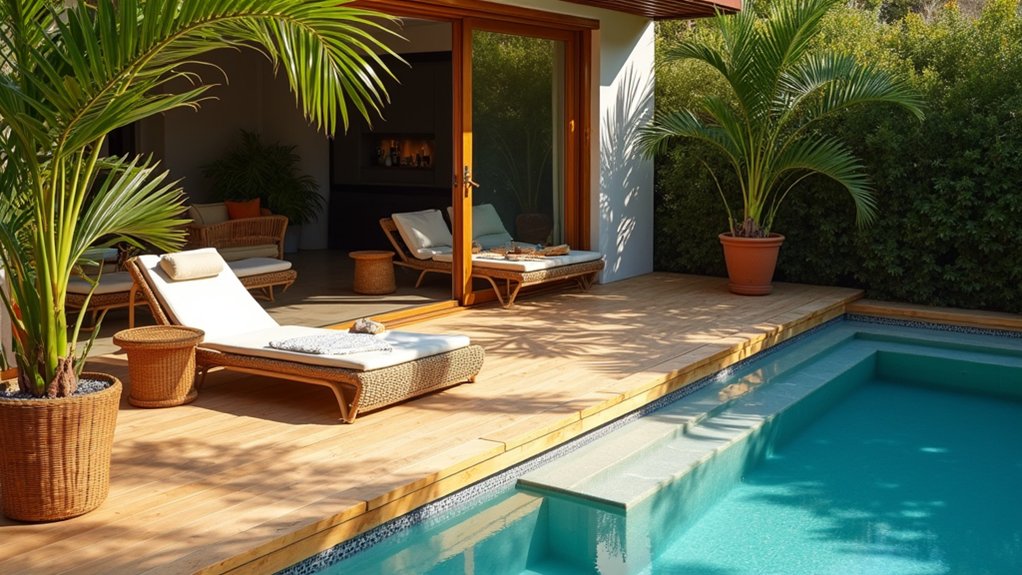 19 Cool Above Ground Pool Half Deck Ideas for Budget-Friendly Builds boho poolside relaxation retreat