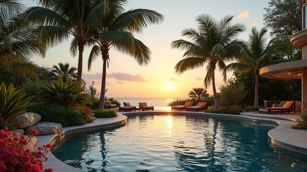 15 Iconic Palm Tree Landscape Ideas Around Pool Spaces That Feel Tropical bold architectural fan palms