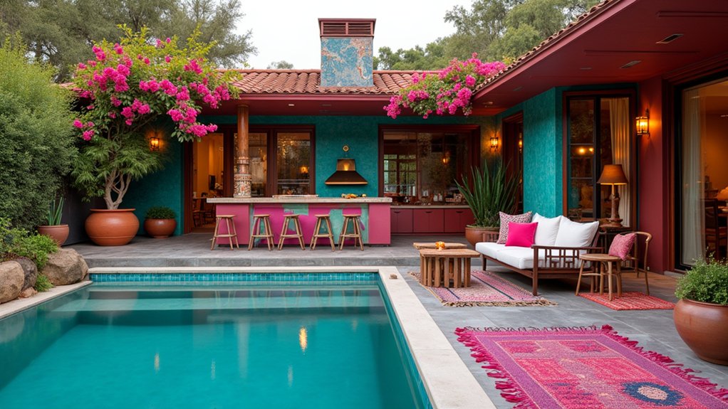 23 Bold Pool Deck With Outdoor Kitchen Ideas for the Ultimate Entertaining Space bold bohemian pool deck