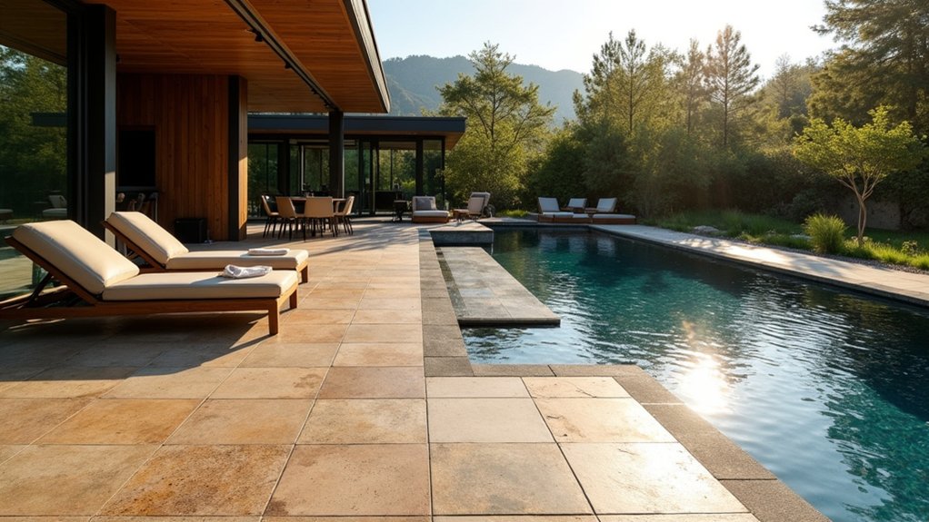 23 Timeless Pool Deck Travertine Ideas for a Luxe Finish bold contrasts enhance sophistication