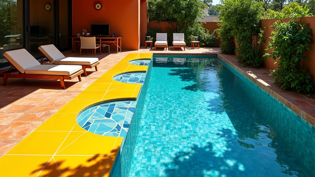 21 Stylish Pool Deck Tile Ideas That Add Color and Pattern bold graphic pool designs