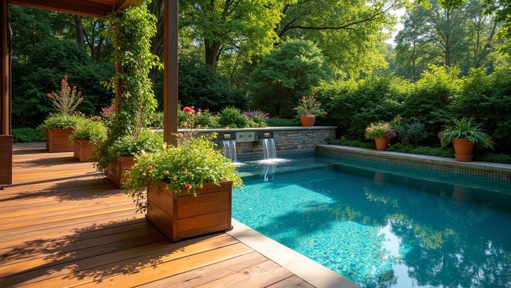 19 Stylish Above Ground Pool Deck Ideas That Elevate Your Backyard Look built in planters for serenity