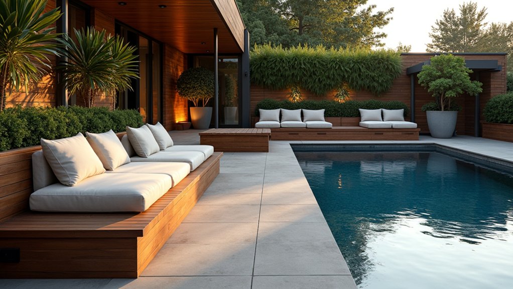 17 Easy Pool Deck Update Ideas That Make a Big Impact built in poolside bench seating