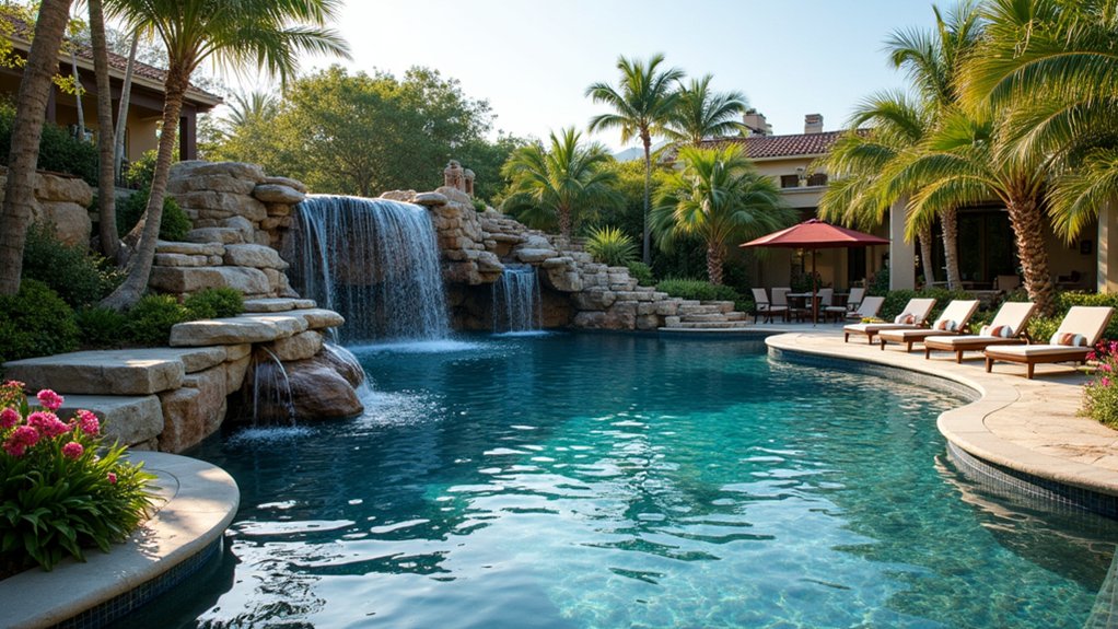 15 Lavish Luxury Pool Landscaping Ideas for a Resort-Level Experience cascading waterfalls create tranquility