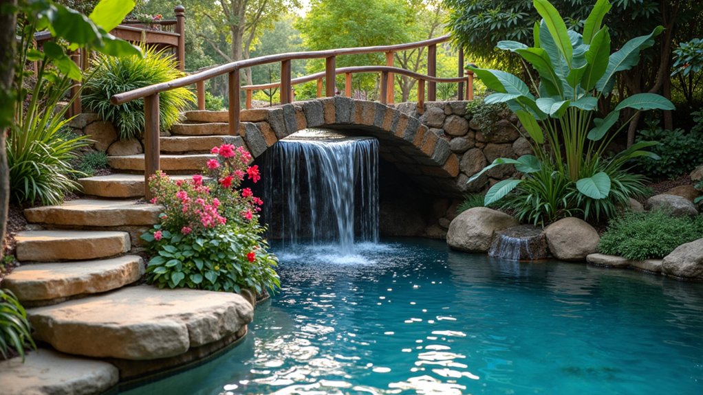 23 Dreamy Pool Ideas With Waterfall Features to Wow Guests charming bridge over waterfall