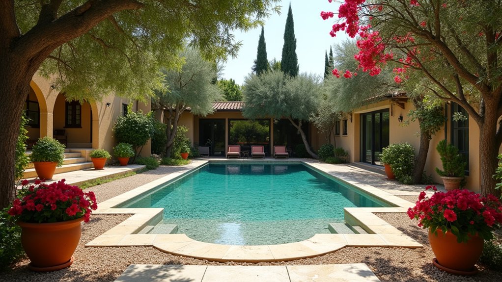 20 Elegant Mediterranean Pool Landscaping Ideas Full of Timeless Charm charming gravel pebble pathways