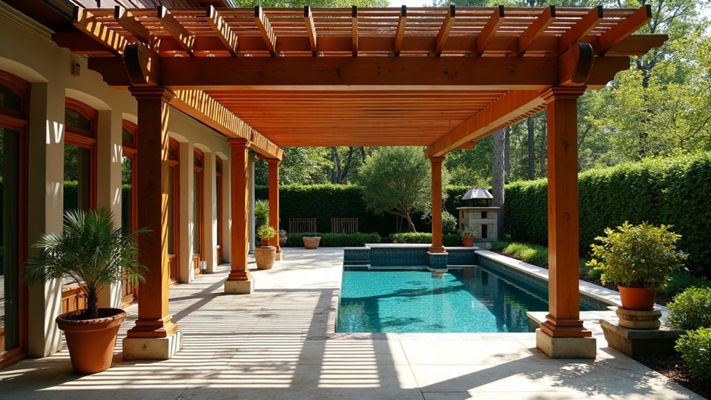 17 Elegant Pool Deck Pergola Designs That Add Structure and Shade charming lattice roof pergola
