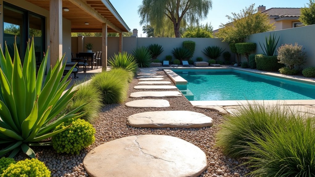20 Effortless Low Maintenance Pool Landscaping Ideas for Easy Care charming stone pathway elegance