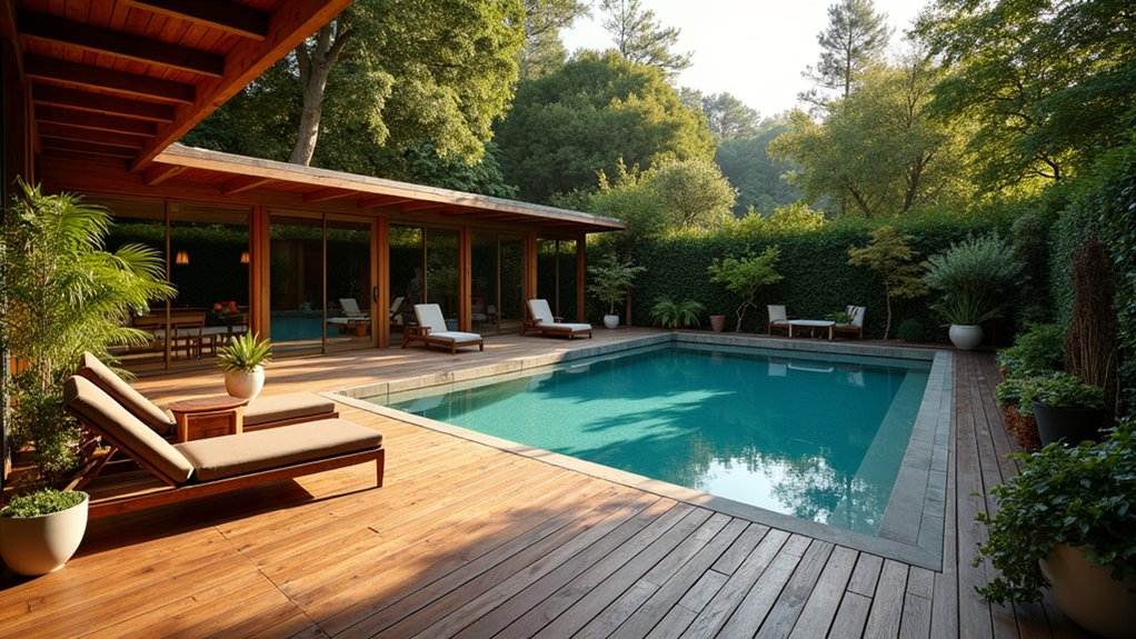 23 Cozy Rustic Pool Landscaping Ideas That Feel Warm and Inviting charming wooden deck oasis