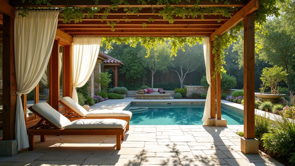 23 Cozy Rustic Pool Landscaping Ideas That Feel Warm and Inviting charming wooden pergola ambiance