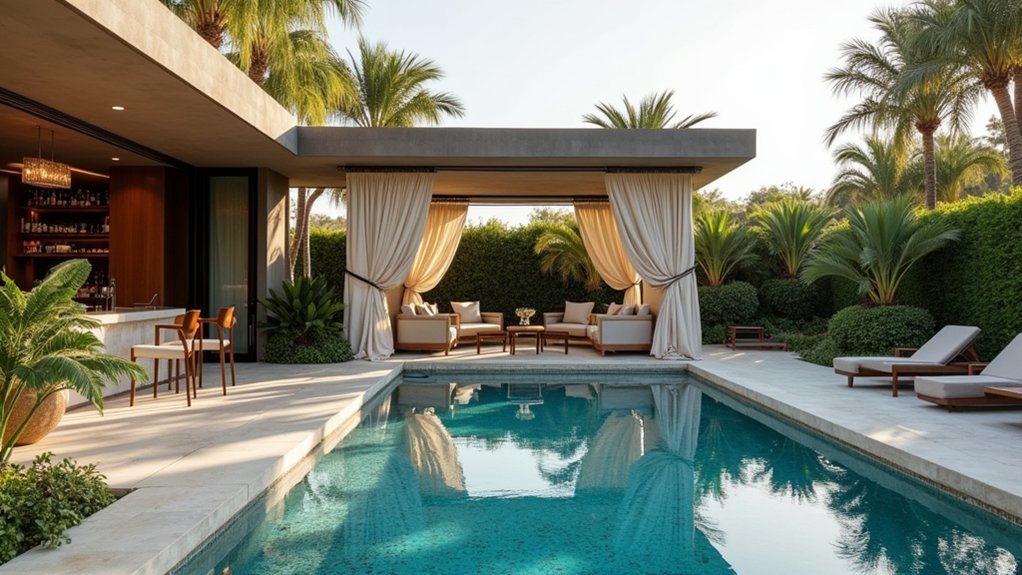 15 Lavish Luxury Pool Landscaping Ideas for a Resort-Level Experience chic cabana poolside oasis