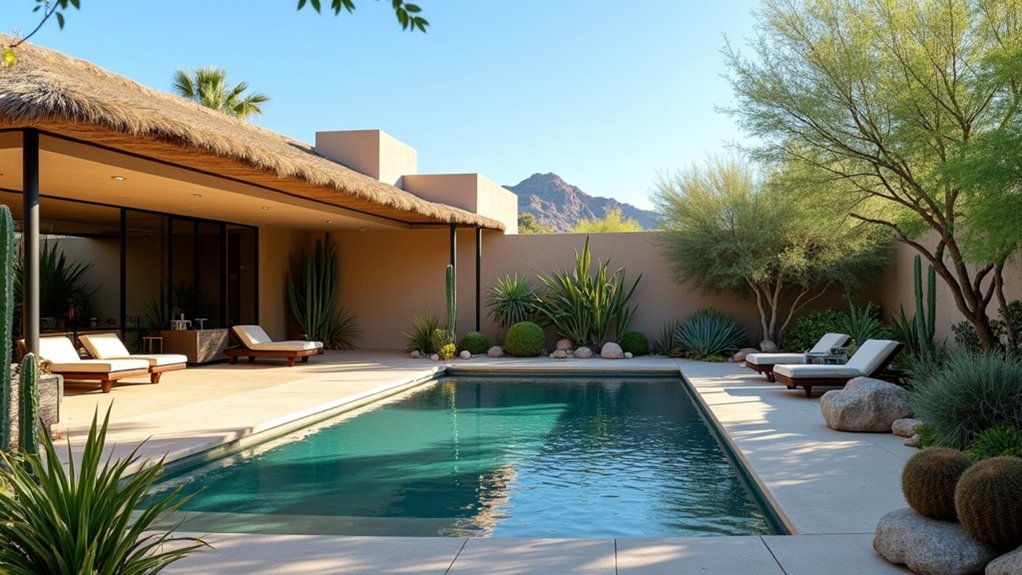 15 Striking Desert Pool Landscaping Ideas That Thrive in the Heat chic covered lounge oasis