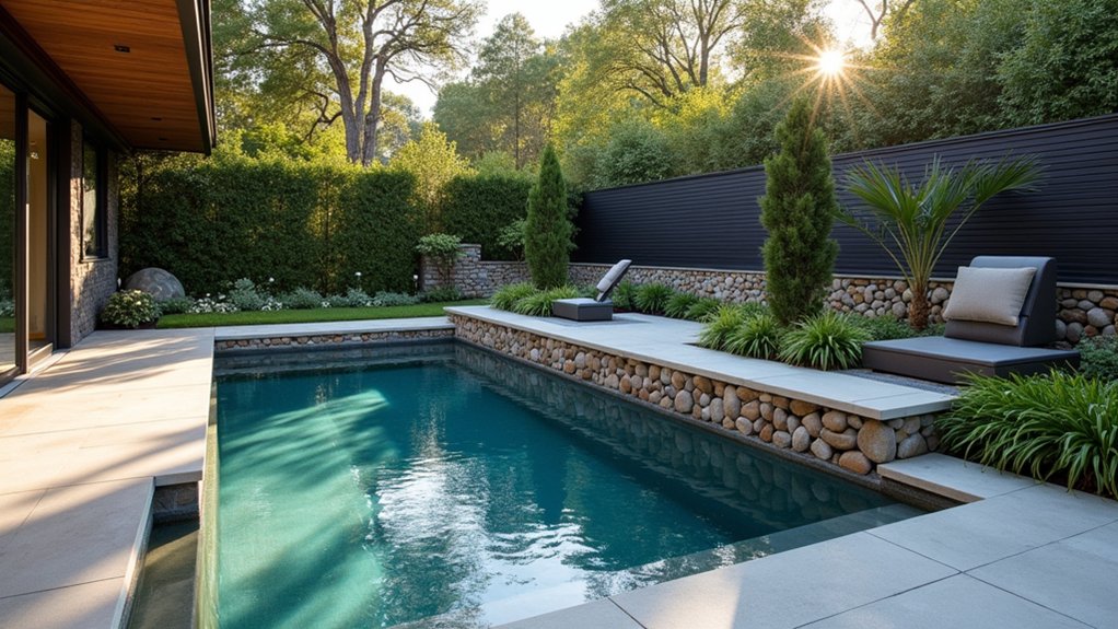 23 Stylish Pool Landscaping With Fence Ideas That Feel Secure and Chic chic gabion wall design