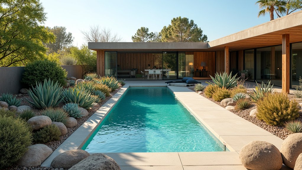 23 Functional Fiberglass Pool Landscape Ideas That Complement the Shape chic low maintenance plant oasis