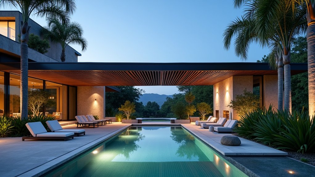 23 Modern Pool Landscaping Ideas That Redefine Backyard Design chic modern pergola retreat