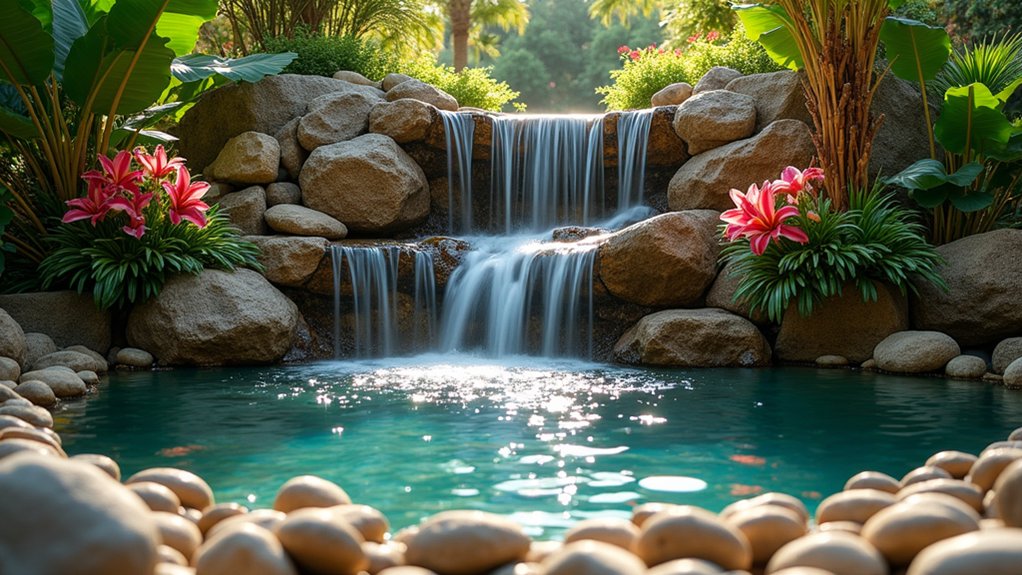 15 Captivating Pool Landscaping Waterfall Ideas That Add Movement and Sound chic modern poolside retreat