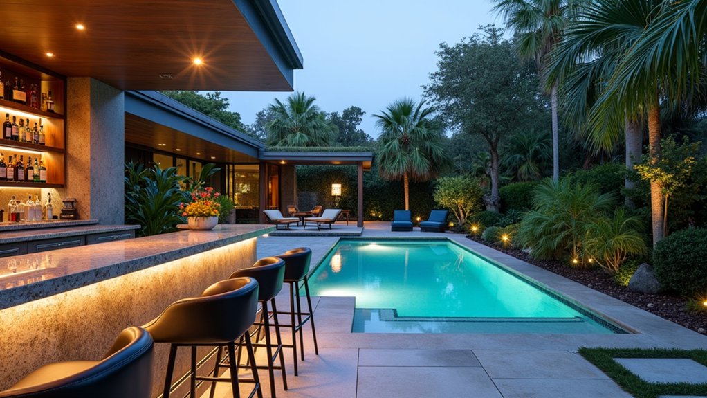 23 Modern Pool Landscaping Ideas That Redefine Backyard Design chic poolside bar elegance