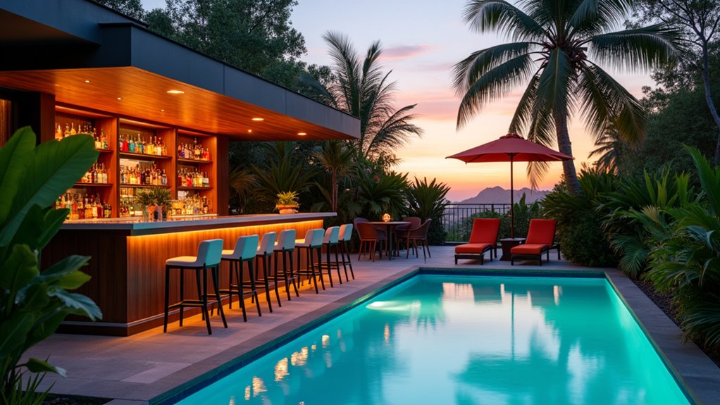 20 Breezy Australian Pool Landscaping Ideas for Laid-Back Vibes chic poolside bar retreat