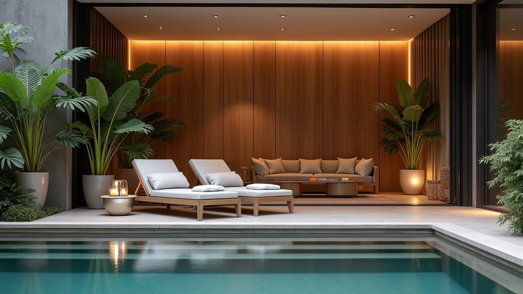 20 Indoor Pool Ideas That Bring the Spa Home chic poolside lounge area