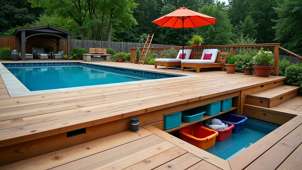 17 Clever DIY Pool Deck Above Ground on a Budget Projects That Work chic poolside storage solutions