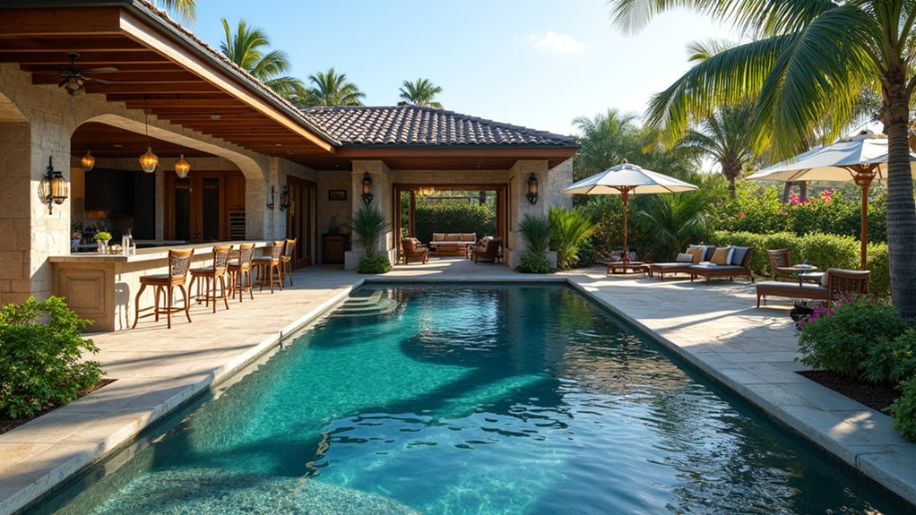 20 Luxury Pool Exterior Ideas That Boost Curb Appeal chic swim up bar oasis