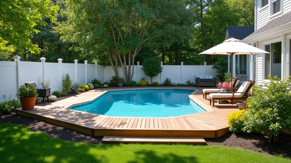 19 Cool Above Ground Pool Half Deck Ideas for Budget-Friendly Builds classic charm and privacy