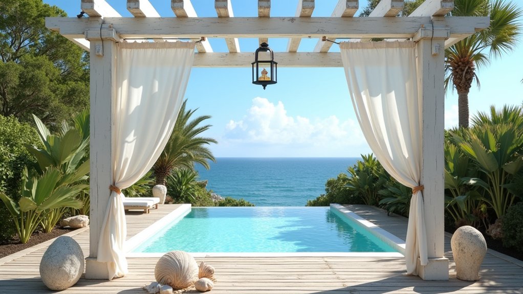 17 Elegant Pool Deck Pergola Designs That Add Structure and Shade coastal pergola with lanterns