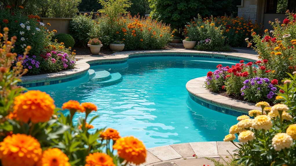 20 Vibrant Pool Landscaping With Flowers to Add Color and Charm colorful annual flowers thrive
