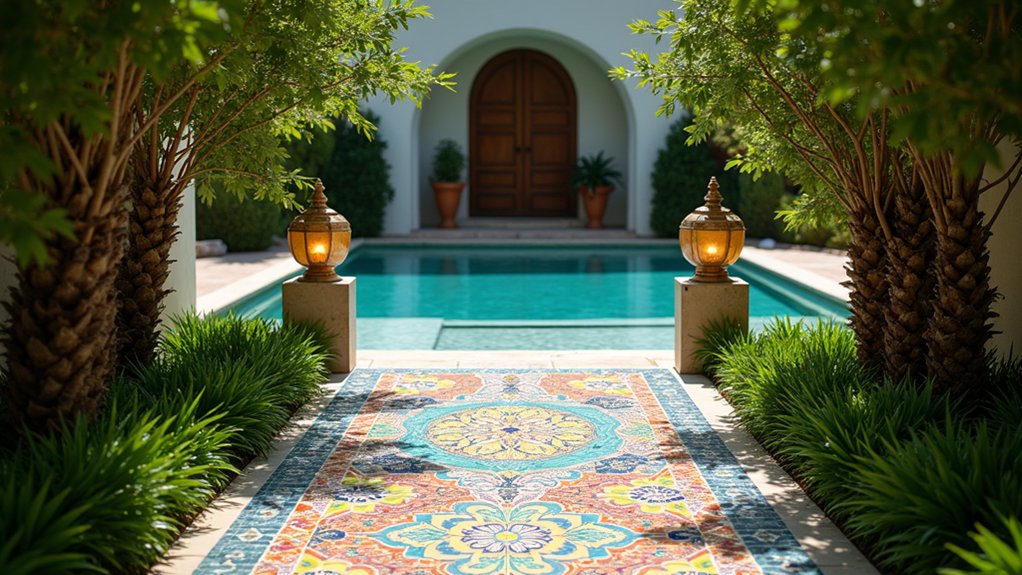 18 Budget-Friendly Pool Landscaping Ideas That Look High-End colorful mosaic pathway design