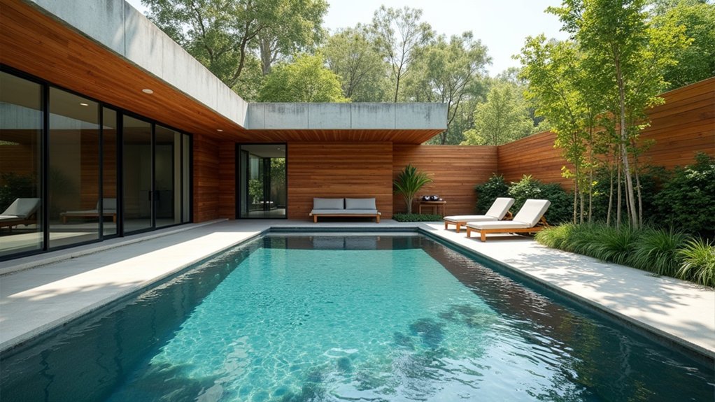 23 Stylish Pool Landscaping With Fence Ideas That Feel Secure and Chic concrete and wood harmony