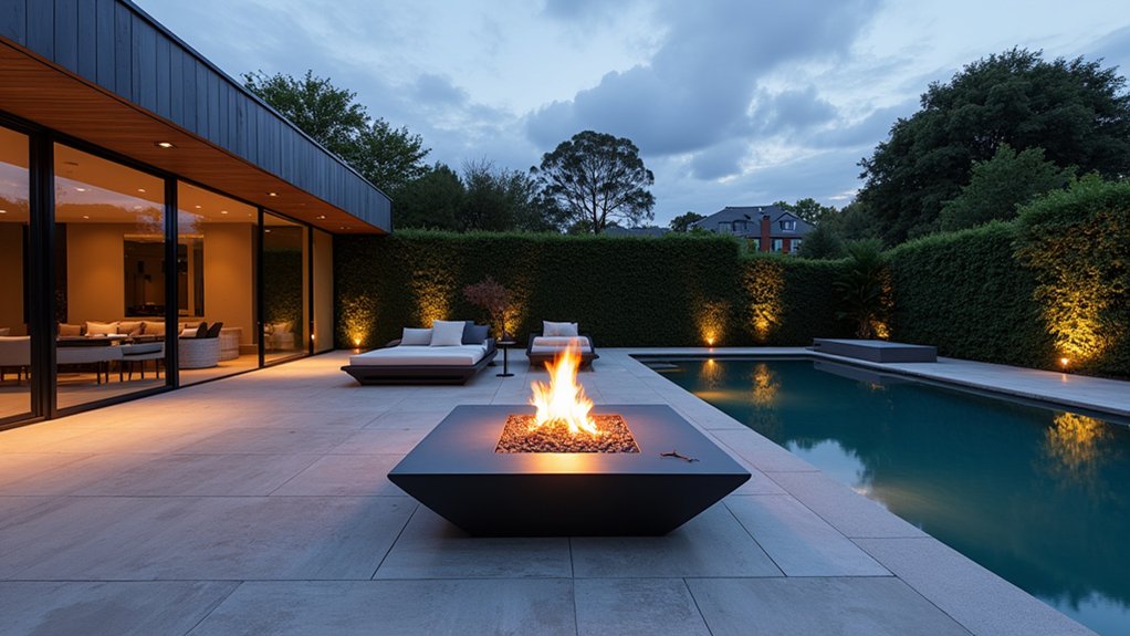 23 Striking Modern Pool Deck Ideas for a Sleek Backyard Finish contemporary fire pit design