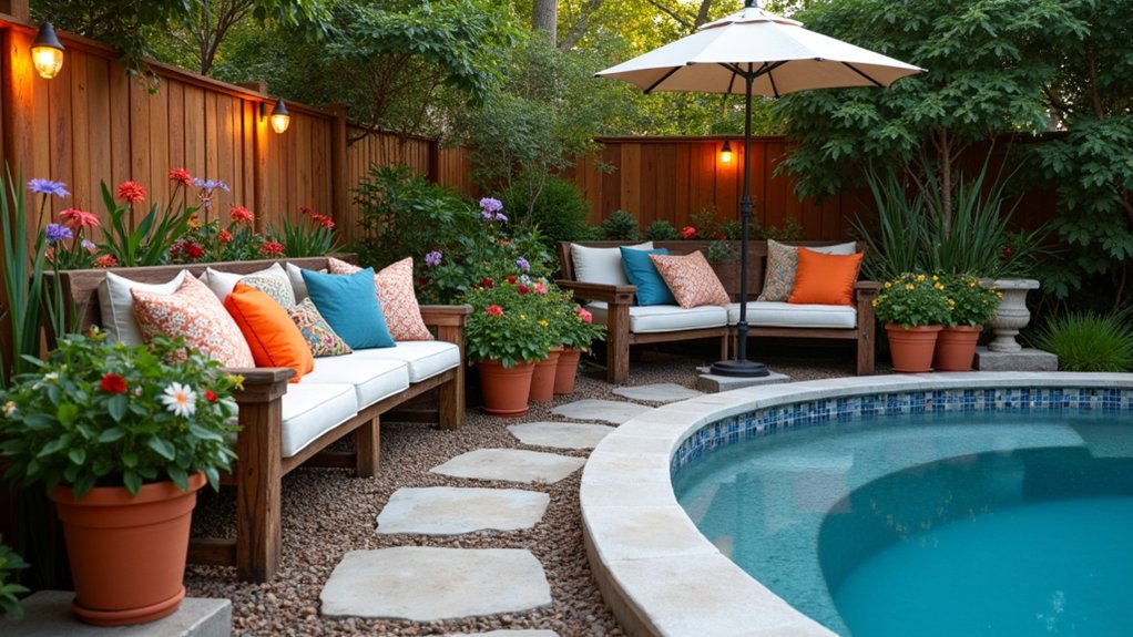 15 Affordable Above Ground Pool Landscaping Ideas for a Fresh Look cozy diy poolside seating