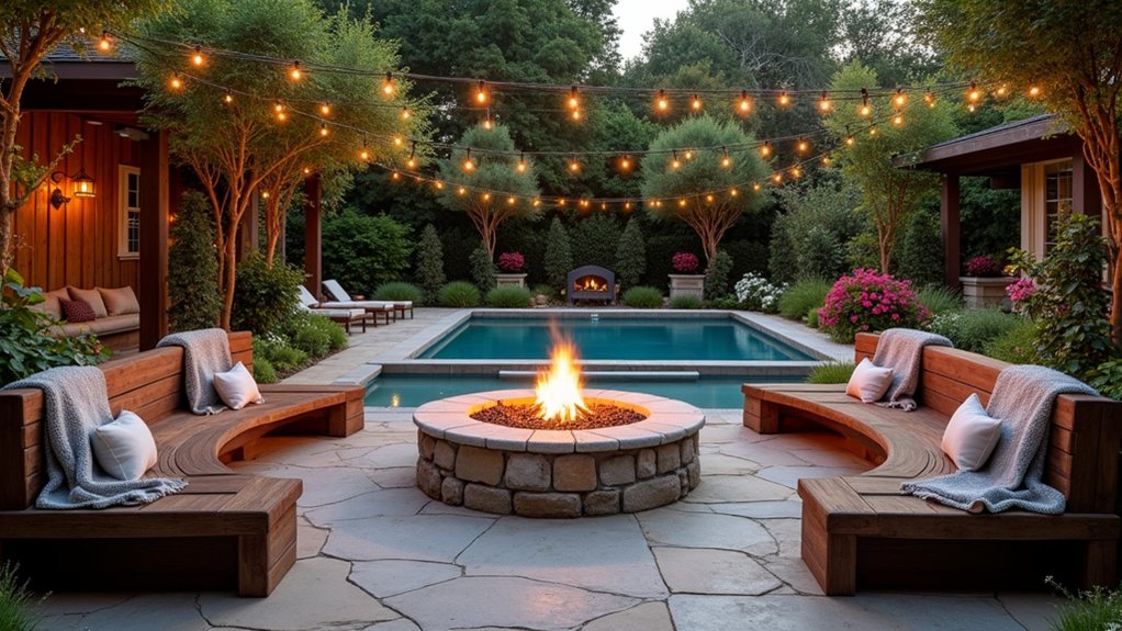 23 Cozy Rustic Pool Landscaping Ideas That Feel Warm and Inviting cozy evenings by fire