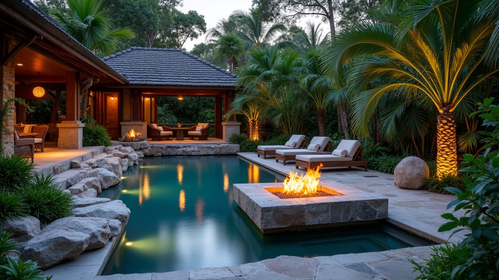 18 Lush Tropical Pool Landscaping Ideas for a Private Paradise cozy evenings by firepit