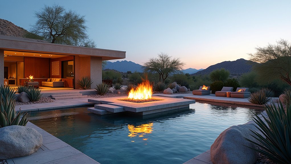 15 Striking Desert Pool Landscaping Ideas That Thrive in the Heat cozy fire pit ambiance
