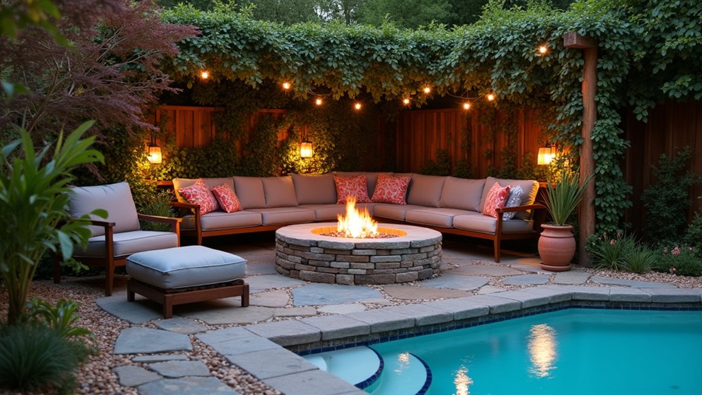 20 Clever Small Backyard Pool Landscaping Ideas That Maximize Space cozy fire pit gatherings