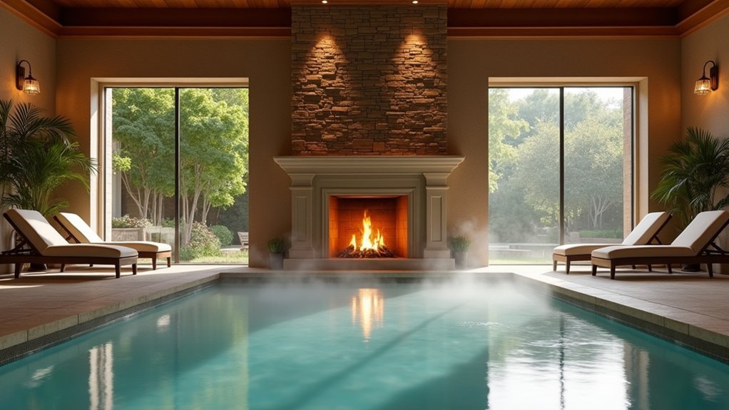 20 Indoor Pool Ideas That Bring the Spa Home cozy fireplace indoor retreat