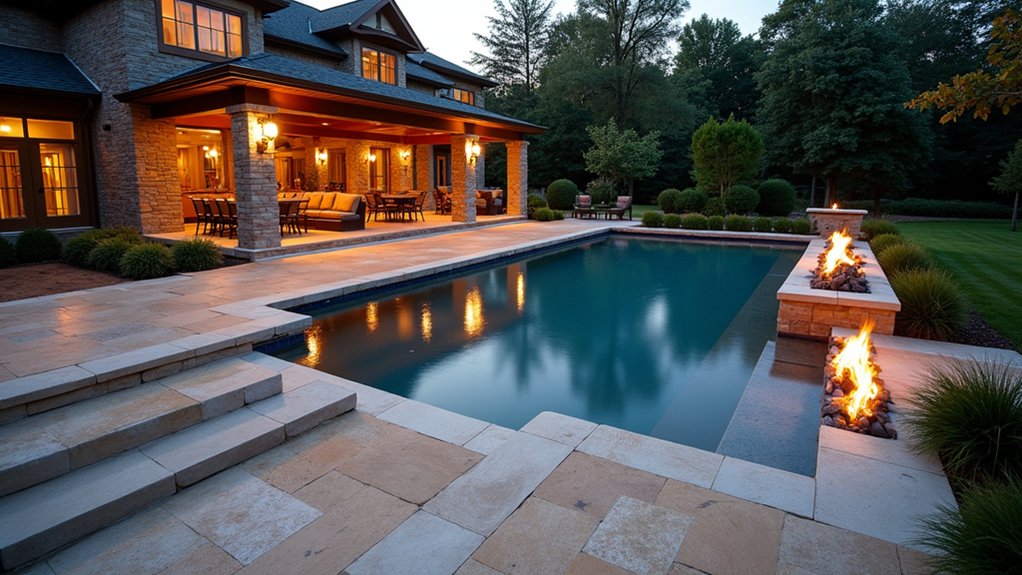 23 Timeless Pool Deck Travertine Ideas for a Luxe Finish cozy gatherings around fire