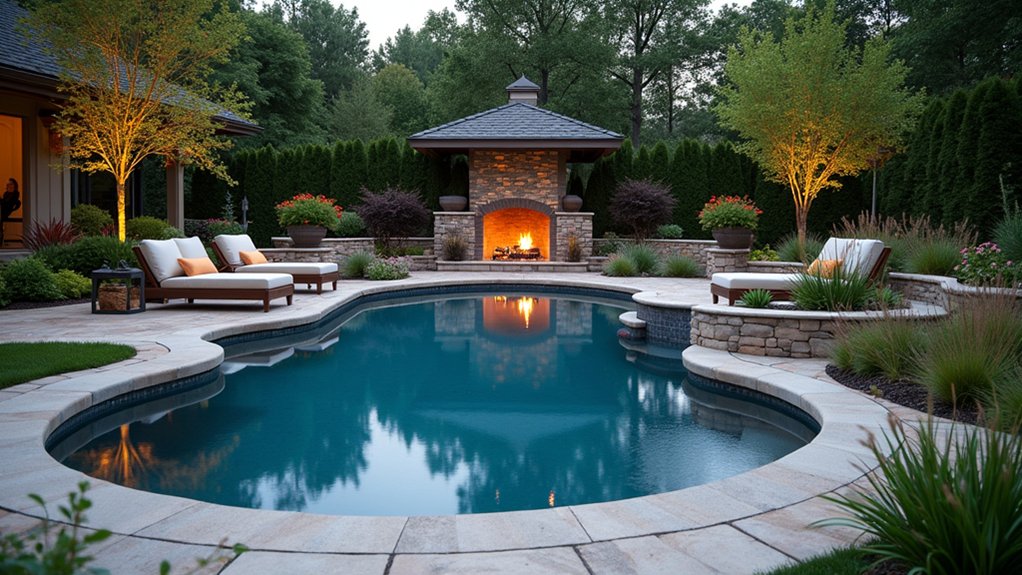 18 Sophisticated Landscaping Around Inground Pool Designs That Flow Beautifully cozy poolside fire gathering